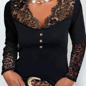 Lace Regular Fit Elegant T-Shirt, T-Shirts, color:Black|size:XXL, JustFashionNow