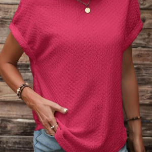 Casual Knitted Crew Neck Plain Shirt, Shirts & Blouses, color:Deep Pink|size:XXL, JustFashionNow