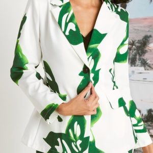 Women Natural Abstract Long sleeve Lapel Collar Elegant Blazer, Blazers, color:Green|size:XXL, Stylewe
