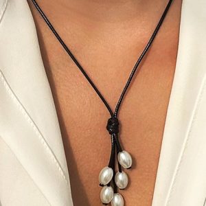 Boho Vacation Leather Pearl Pendant Necklace Western Jewelry, Necklaces, color:Black|size:One-size, JustFashionNow