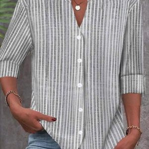 Loose Stand Collar Striped Casual Shirt, Shirts & Blouses, color:Gray|size:XXL, JustFashionNow