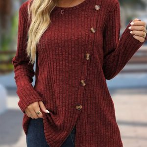 Plain Crew Neck Casual Top, Shirts & Blouses, color:Red|size:XXL, JustFashionNow