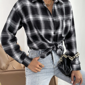 Shirt Collar Long Sleeve Plaid Buckle Regular Loose TUNIC Blouse For Women, Shirts, color:Deep Gray|size:XXL, Noracora