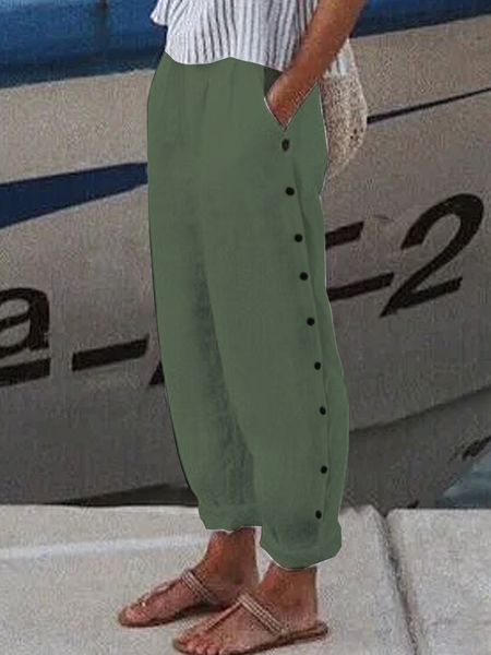 Women's Elastic Waist T-Line Turnip Pants Daily Going Out Pants Linen Buttoned Cotton Plain Spring/Fall Pants, JustFashionNow Pants, color:Green|size:XXL,