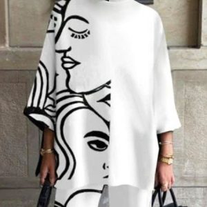 Urban Loose Three Quarter Abstract  Print Top, Blouses and Shirts, color:White|size:XS, Stylewe