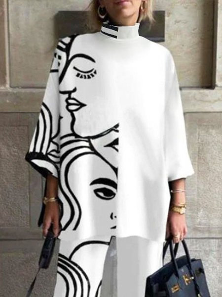 Urban Loose Three Quarter Abstract Print Top, Blouses and Shirts, color:White|size:XS, Stylewe