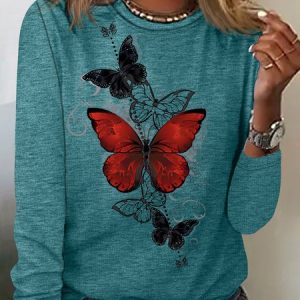 Women's Fashion Butterfly Graphic Printing Casual Regular Fit Top, color:Green|size:3XL, Lilicloth.com