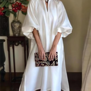 Plus Size Loose Plain Shirt Collar Elegant Dress, Plus Dresses, color:White|size:4X, Stylewe