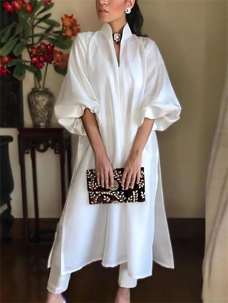 Plus Size Loose Plain Shirt Collar Elegant Dress, Plus Dresses, color:White|size:4X, Stylewe