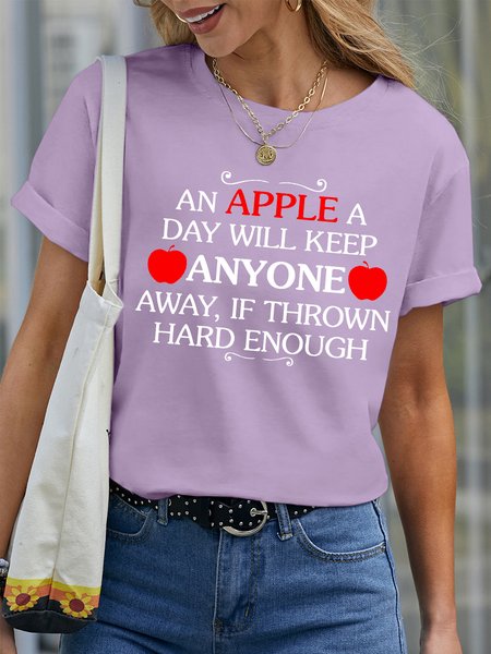 Women’s An Apple A Day Will Keep Anyone Away If Thrown Hard Enough Crew Neck Text Letters Loose Casual T-Shirt, color:Purple|size:3XL, Lilicloth.com