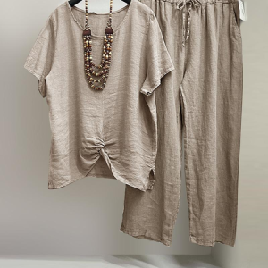 Cotton And Linen Crew Neck Regular Fit Casual Two-Piece Set, Suit Set, color:Deep Khaki|size:XXL, JustFashionNow