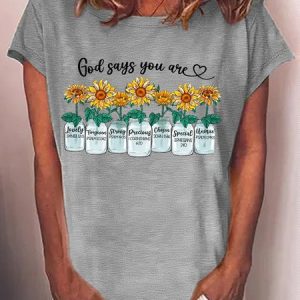 Women's God Says You Are Sunflowers Casual Crew Neck  T-Shirt, color:Gray|size:3XL, Lilicloth.com