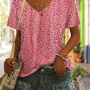 Loose Casual Floral Printed T-Shirt, T-shirts, color:Red|size:XXL, Noracora
