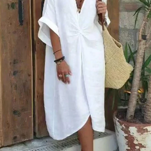 Women's Cotton Linen V-Neck Loose Comfortable Dress, Midi, color:White|size:XXL, catalog Noracora shop