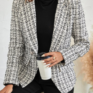 Urban Plaid Double Breasted Tweed Blazer, Blazers, color:White|size:XXL, JustFashionNow