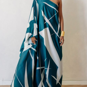 One Shoulder Satin Elegant Party Dress, Maxi Dresses, color:Blue|size:XXL, Stylewe