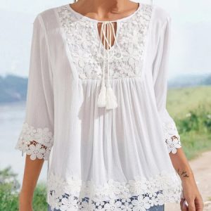 Contrast Guipure Lace Tie Neck Tassel Blouse, Shirts & Blouses, color:White|size:XXL, JustFashionNow