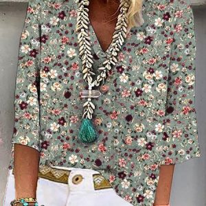 Floral V Neck Loose Casual Shirt, Blouses, color:Green|size:XXL, Noracora