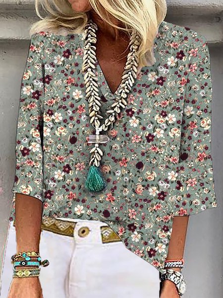 Floral V Neck Loose Casual Shirt, Shirts & Blouses, color:Green|size:XXL, JustFashionNow