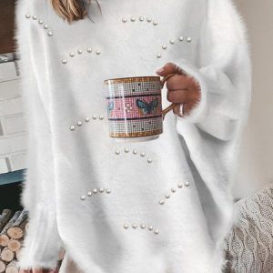 JFN Casual Crew Neck Solid Long Sleeve Loose White Sweater, Sweaters, color:White|size:XXL, JustFashionNow