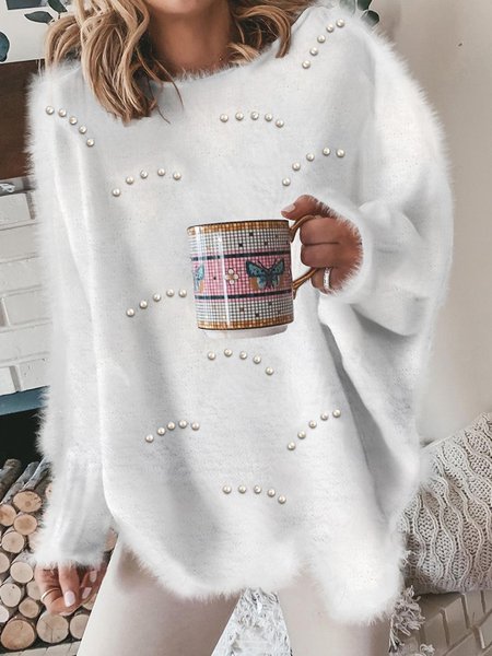 JFN Casual Crew Neck Solid Long Sleeve Loose White Sweater, Sweaters, color:White|size:XXL, JustFashionNow