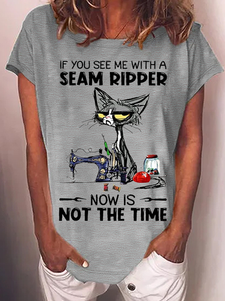 Women's Funny Word If You See Me With A Seam Ripper Text Letters Crew Neck Cotton Casual T-Shirt, T-shirts, Lilicloth.com