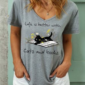 Women Books And Cats Life Better Cat Casual T-shirt, color:Gray|size:3XL, Lilicloth.com