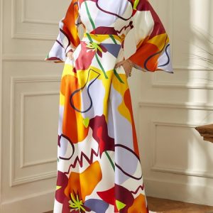 Stylewe Vacation Crew Neck Abstract Regular Fit Maxi Dress, Dresses, color:As Picture|size:XXL, Stylewe
