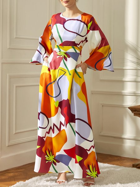 Stylewe Vacation Crew Neck Abstract Regular Fit Maxi Dress, Dresses, color:As Picture|size:XXL, Stylewe