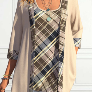 Crew Neck Casual Two-Piece Set, Suit Set, color:Khaki|size:XXL, JustFashionNow