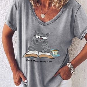 Women's Read More Worry Less Cute Cat Print Casual V Neck T-Shirt, T-shirts, Lilicloth.com
