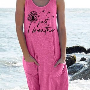 Women's Just Breathe Dandelion Print Crew Neck Casual Dress, color:Pink|size:3XL, Lilicloth.com