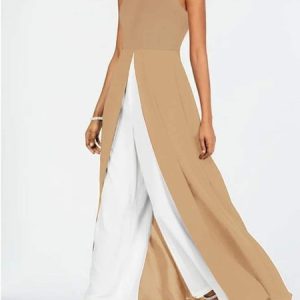Contrast Black Round Neck Sleeveless Jumpsuit, Jumpsuits&Rompers, color:Khaki|size:XXL, JustFashionNow