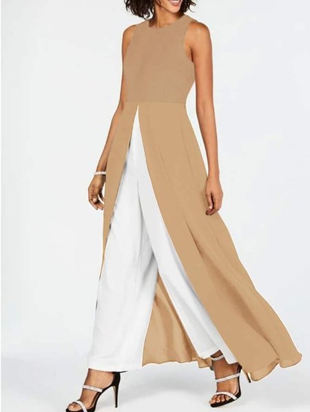 Contrast Black Round Neck Sleeveless Jumpsuit, Jumpsuits&Rompers, color:Khaki|size:XXL, JustFashionNow