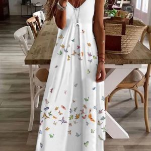 Casual Butterfly Sleeveless V Neck Printed Dress, Maxi, color:White|size:XXL, catalog Noracora shop