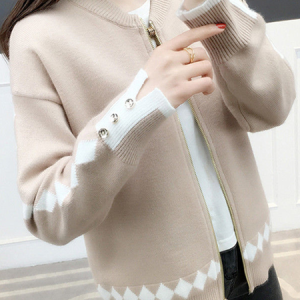 Women Wool/Knitting Geometric Long Sleeve Comfy Casual Zipper Cardigan, Cardigans, color:Light Coffee|size:4XL, Noracora