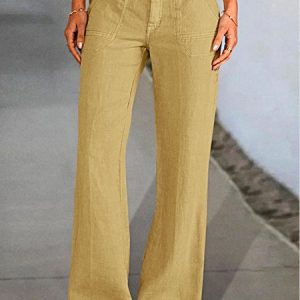 Solid Slant Pocket Low Waist Flare Pants Without Belt Pants, Pants, color:Khaki|size:XXL, JustFashionNow