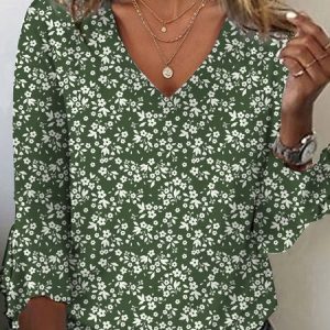 Casual Floral V Neck Three Quarter Sleeve T-shirt, T-shirts, color:Green|size:XXL, Noracora