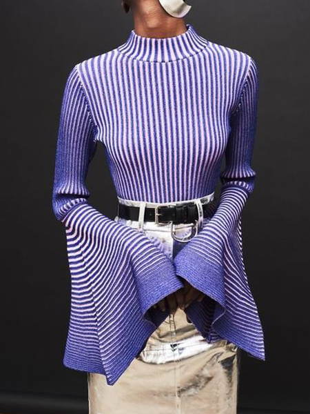 High Elasticity Urban Regular Fit Stand Collar Long Sleeve Striped Sweater, Pullovers, color:Purple|size:XXL, Stylewe