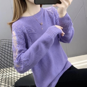 Women Wool/Knitting Plain Long Sleeve Comfy Casual Hollow Out Sweater, Sweaters, color:Purple|size:4XL, Noracora