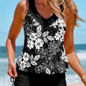 Vacation Floral Printing V Neck Tankini, swimwear>>Tankinis, color:Black|size:XXL, JustFashionNow