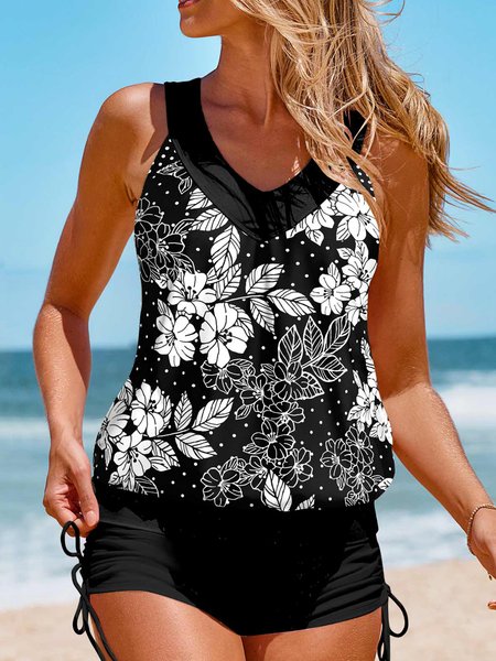 Vacation Floral Printing V Neck Tankini, swimwear>>Tankinis, color:Black|size:XXL, JustFashionNow