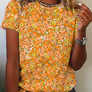 Floral Casual Crew Neck Short Sleeve T-Shirt, T-Shirts, color:Yellow|size:XXL, JustFashionNow