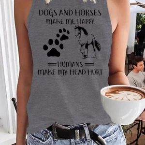 Dogs And Horse Make Me Happy Funny Casual Tank, color:Gray|size:3XL, Lilicloth.com