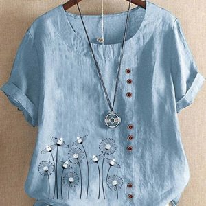 Women's Top Tunic Blouse Shirt Floral Graphic Short Sleeve Round Neck Casual Daily Washable Spring Summer Cotton Loose Top, Blouses, color:Blue|size:XXL, Noracora