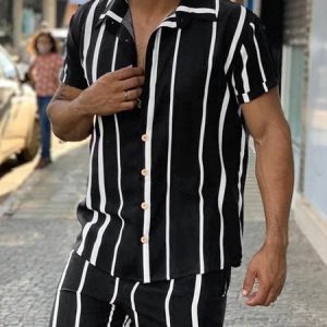 Casual Striped Shawl Collar Regular Fit Two-Piece Set, Suit Set, color:Black|size:3XL, JustFashionNow
