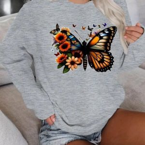 Casual Crew Neck Butterfly Loose Sweatshirt, Sweatshirts & Hoodies, color:Gray|size:3XL, JustFashionNow