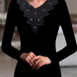 Lace Collar Long Sleeve Plain Lace Regular Micro-Elasticity Loose Shirt For Women, Blouses, color:Black|size:5XL, Noracora