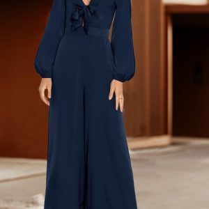 Long Sleeve V Neck Regular Fit Long Party Urban Plain Mid Waist For Women, Jumpsuits&Rompers, color:Royal Blue|size:XL, Noracora