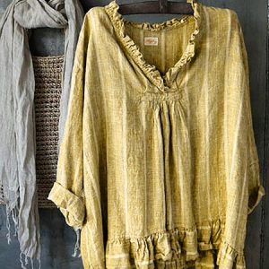 Ruched Striped Linen Solid Casual Blouses, Shirts & Blouses, color:Yellow|size:4XL, JustFashionNow
